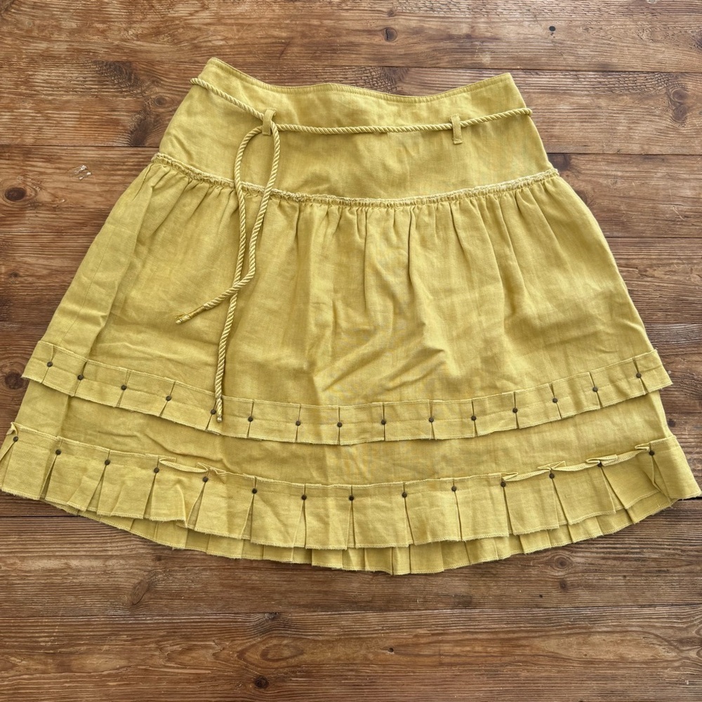 Cynthia Steffe 100% Linen Pleated Mini‎ Skirt Tiered Green Lined Women’s 4 EUC